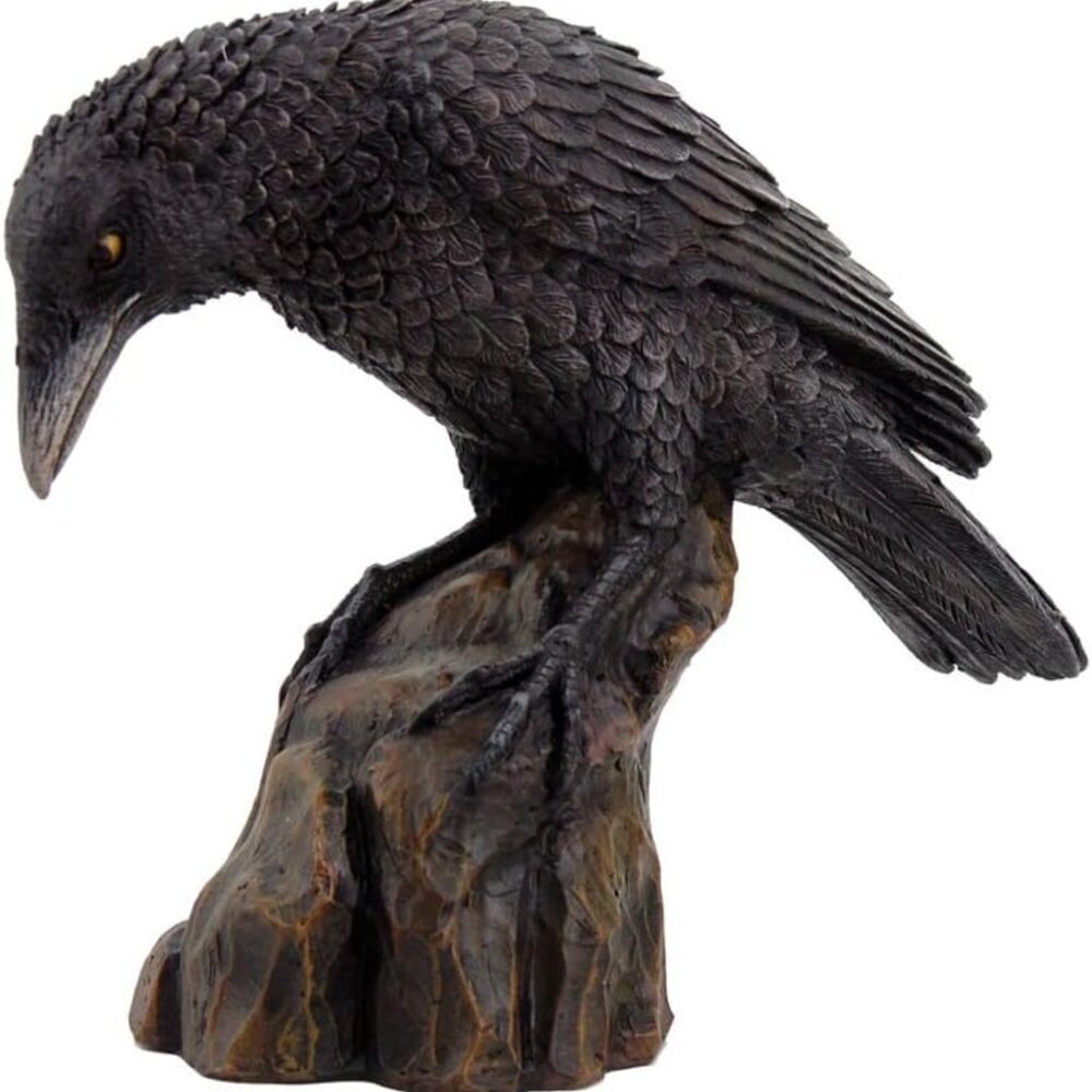 Leaning Black Raven on Rocks Hand Painted Resin Statue Figurine